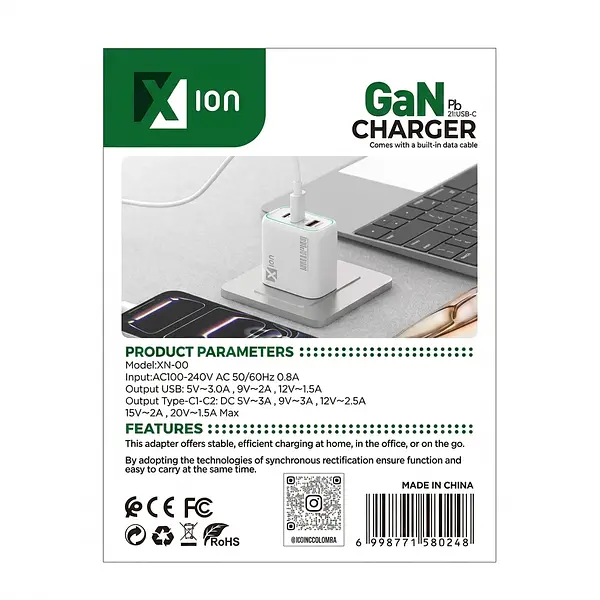 Cargador Gan Xn-25: Potencia De 58w Con Triple Puerto